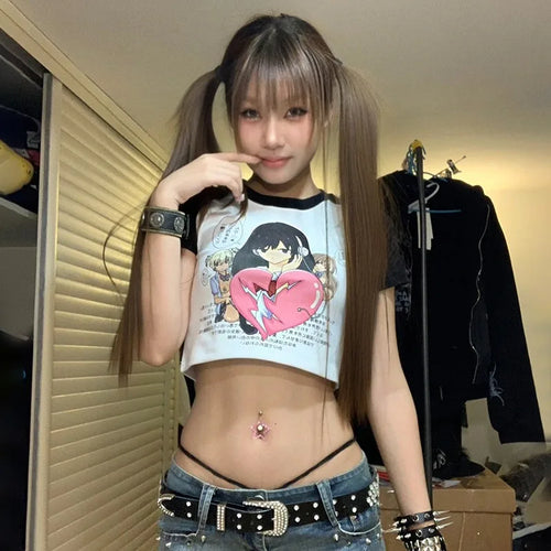 Load image into Gallery viewer, Japanese Y2k Anime Print Crop Top Trashy 2000s Graphic T Shirts Harajuku Short Sleeve Patchwork T-shirt Korean Popular
