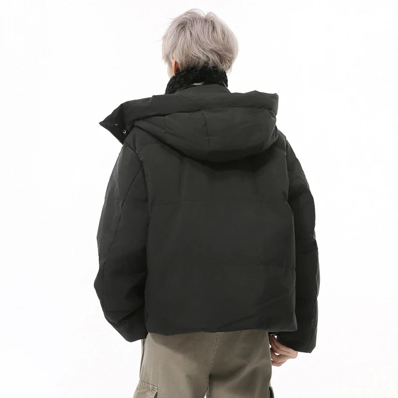 Niche Design Men's Down Jackets Fake Two-piece Hooded Stand Collar Solid Color Drawstring Casual Short Male Coats 9C9327