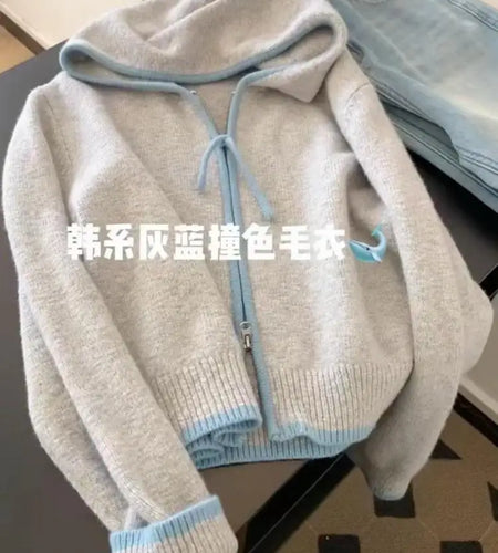 Korean Style Women Grey Blue Patchwork Elegant Long Sleeve Office Knitted Tops Autumn Winter Hooded Zipper Sweater 2024 Popular