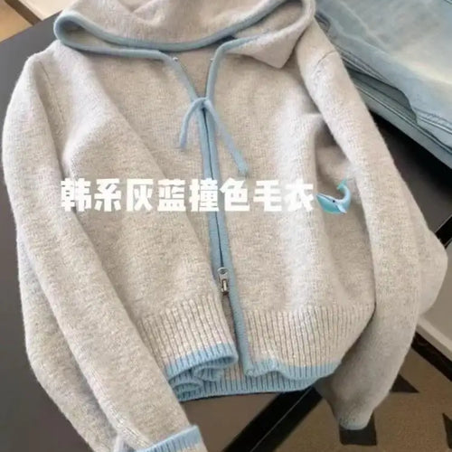 Load image into Gallery viewer, Korean Style Women Grey Blue Patchwork Elegant Long Sleeve Office Knitted Tops Autumn Winter Hooded Zipper Sweater 2024 Popular
