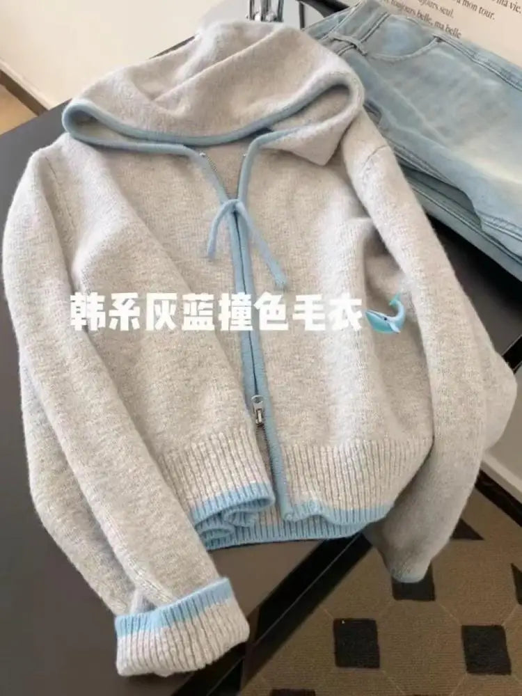 Korean Style Women Grey Blue Patchwork Elegant Long Sleeve Office Knitted Tops Autumn Winter Hooded Zipper Sweater 2024 Popular