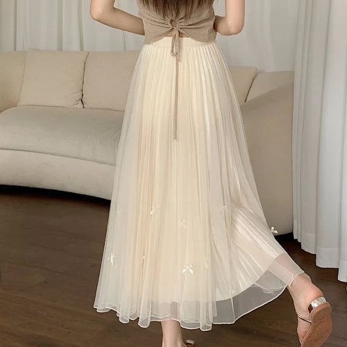 Load image into Gallery viewer, Women Solid Sweet Long Skirt 2023 New Korean Fashion Bow Elegant A Line Elastic High Waist Party Pleated Mesh Skirt Female Retro
