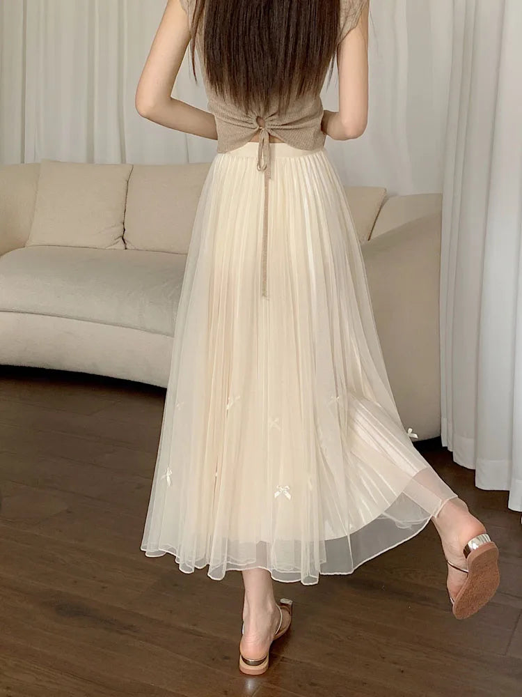 Women Solid Sweet Long Skirt 2023 New Korean Fashion Bow Elegant A Line Elastic High Waist Party Pleated Mesh Skirt Female Retro