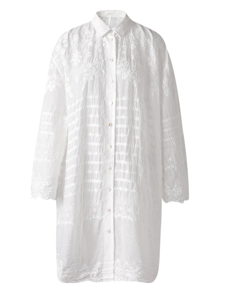 Women White Lace Perspective Big Size Long Blouse New Lapel Long Sleeve Shirt Fashion Tide Spring Autumn 2025 5C1327