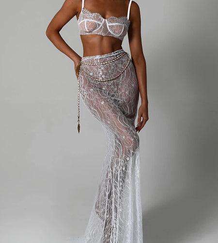 Sexy Lace Metal Zipper Two Piece Women's Tight Fit Bikini Top Elegant And Transparent Maxi Female Skirt Beach Party Suit