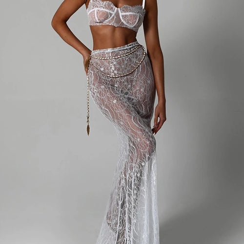 Load image into Gallery viewer, Sexy Lace Metal Zipper Two Piece Women's Tight Fit Bikini Top Elegant And Transparent Maxi Female Skirt Beach Party Suit
