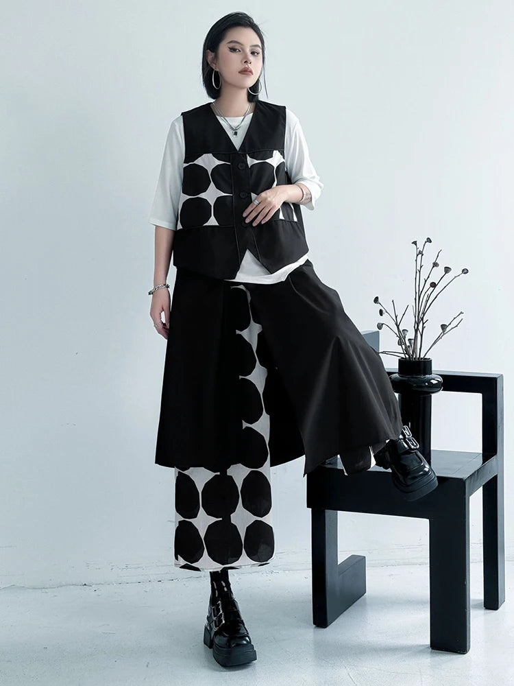Big Size Black Dot Vest Wide Leg Pants Two Piece Suit New V-Neck Sleeveless Women Fashion Tide Spring Autumn 2025 1DJ1039