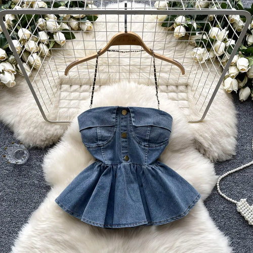 Load image into Gallery viewer, Women Blue Gray Sexy Club Vacation Denim Slim Short Halter Tops Summer Black Backless Ruffle Edge Party Jean Vest Streetwear New
