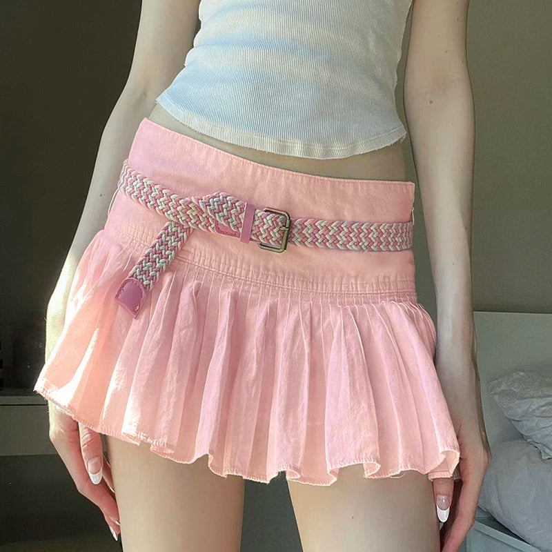 Sweet Cute Low Waist Pink Pleated Skirt Korean Fashion Girls Coquette Clothes Summer Mini Skirt Women Prepy Style New