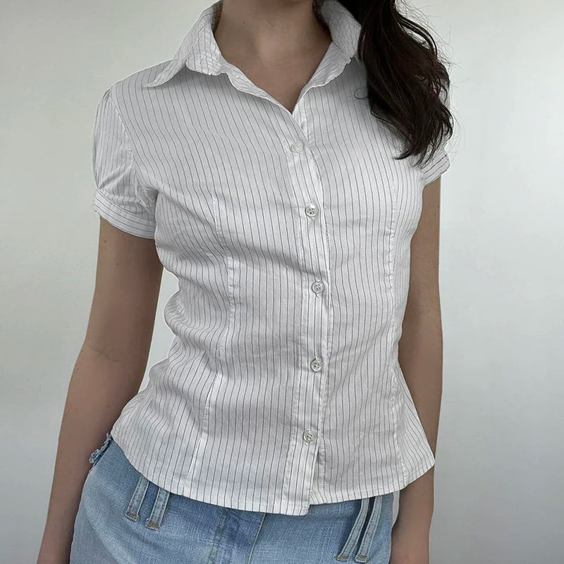 Fashion Chic Stripe White Short Sleeve Summer Blouse Women Crop Tops Slim Buttons-Up Harajuku Cardigan Shirt Clothing