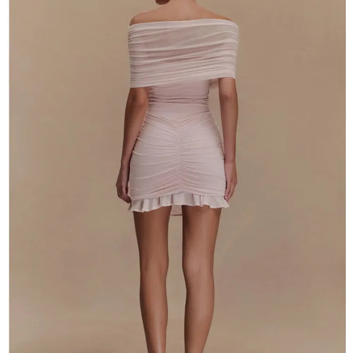 Load image into Gallery viewer, Elegant Off Shoulder Mesh Patchwork Elastic Tight Skirt Women Sexy Sleeveless Ruffle Mini Dress Female Party Dress 2025
