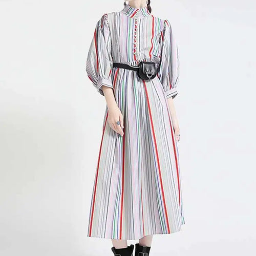 Load image into Gallery viewer, Women Striped Spliced Long Shirt Dress New Stand Collar Three-quarter Sleeve Loose Fit Fashion Spring Autumn 2025 1DE0219
