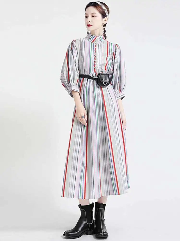 Women Striped Spliced Long Shirt Dress New Stand Collar Three-quarter Sleeve Loose Fit Fashion Spring Autumn 2025 1DE0219
