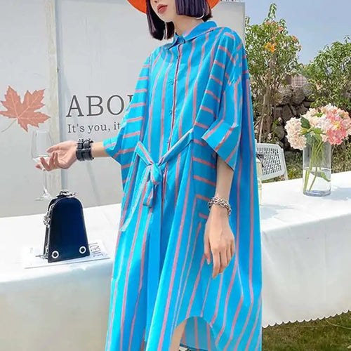 Load image into Gallery viewer, Women Blue Striped Bandage Big Size Knee-Length Shirt Dress New Lapel Long Sleeve Fashion Tide Spring Autumn 2025 1DH4539
