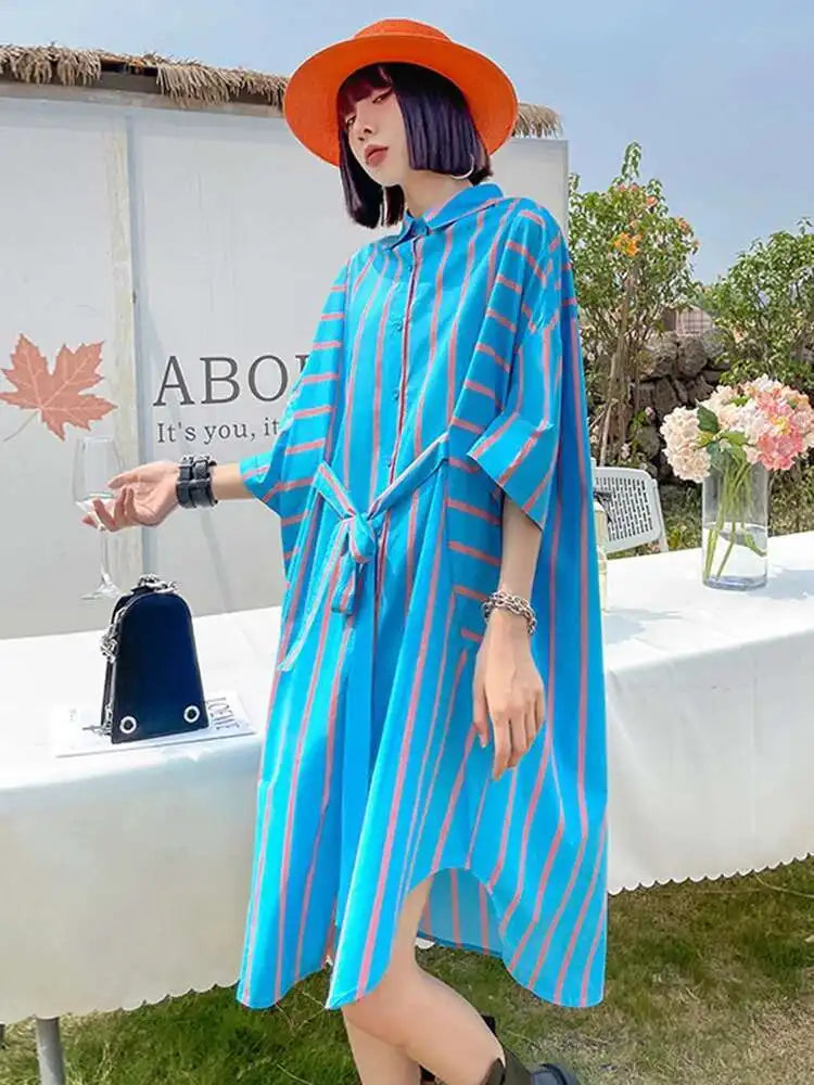 Women Blue Striped Bandage Big Size Knee-Length Shirt Dress New Lapel Long Sleeve Fashion Tide Spring Autumn 2025 1DH4539