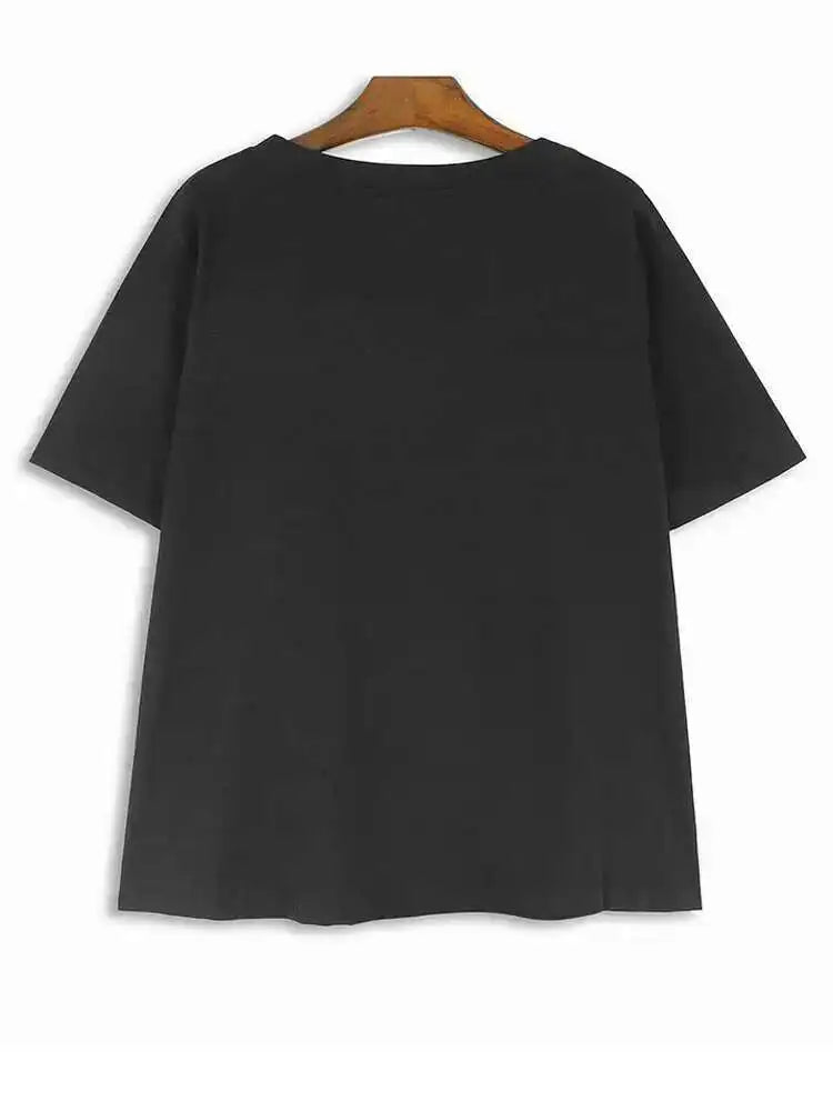Women Black Dot  Ruffles Big Size Casual T-shirt New Round Neck Short  Sleeve Fashion Tide Spring Summer 2025 1DH5463