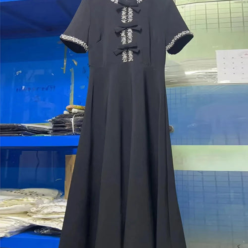 Load image into Gallery viewer, Solid Spliced Diamonds Slimming Dresses For Women O Neck Short Sleeve High Waist Temperament Dress Female Fashion
