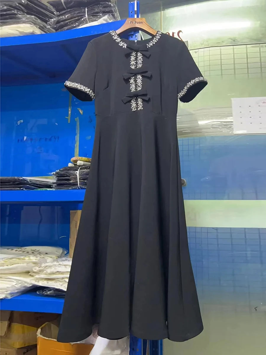 Solid Spliced Diamonds Slimming Dresses For Women O Neck Short Sleeve High Waist Temperament Dress Female Fashion