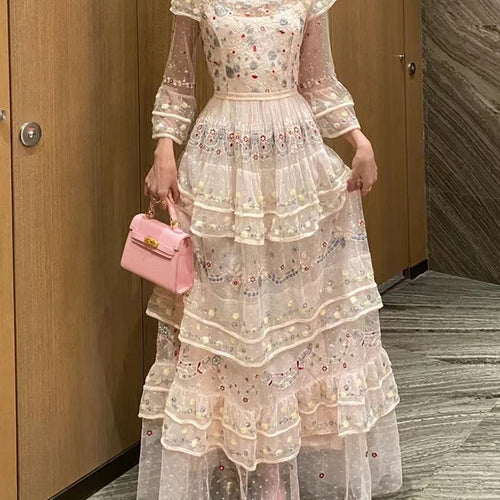 Load image into Gallery viewer, Patchwork Sequins Embroidery Dresses For Women Stand Collar Flare Sleeve High Waist Designer Mesh Dress Female New
