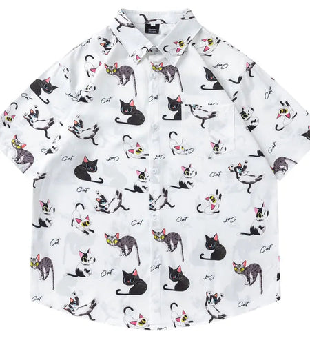 Harajuku Hawaiian Shirts Streetwear Funny Cartoon Cat Graphic Printed Summer Beach Blouse Hip Hop Casual Baggy Short Sleeve Tops