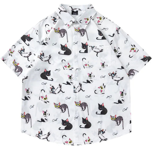 Load image into Gallery viewer, Harajuku Hawaiian Shirts Streetwear Funny Cartoon Cat Graphic Printed Summer Beach Blouse Hip Hop Casual Baggy Short Sleeve Tops
