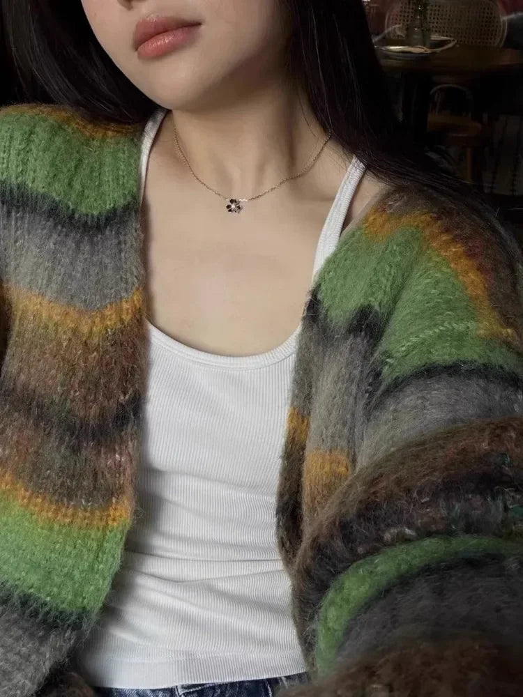 New Fashion Grunge Striped Women Knitwear 2025 Streetwear All Match Loose Y2k Aesthetic Sweaters Casual Vintage Cardigans Autumn