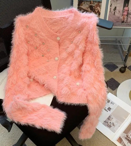 Autumn Winter French White Diamond Elegant Knitted Cardigan Tops Women's Pink V Neck Single Breasted Long Sleeve Mohair Sweater