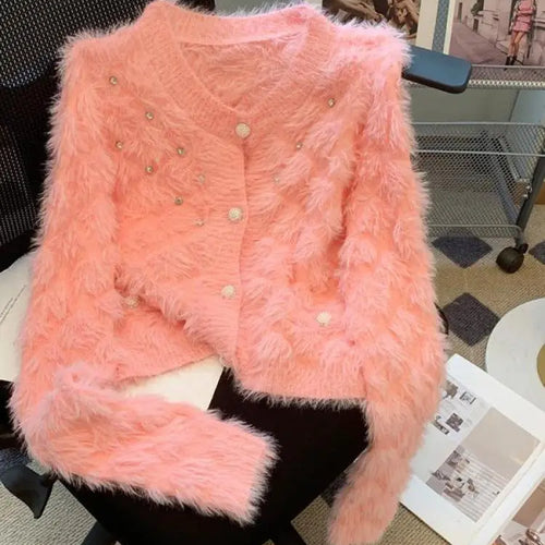 Load image into Gallery viewer, Autumn Winter French White Diamond Elegant Knitted Cardigan Tops Women's Pink V Neck Single Breasted Long Sleeve Mohair Sweater
