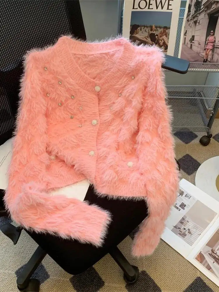 Autumn Winter French White Diamond Elegant Knitted Cardigan Tops Women's Pink V Neck Single Breasted Long Sleeve Mohair Sweater