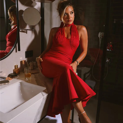 Load image into Gallery viewer, Sleeveless Fishtail Maxi Dress For Women Autumn New Halter Deep V Neck Backless Bodycon Party Sexy Long Dress Elegant
