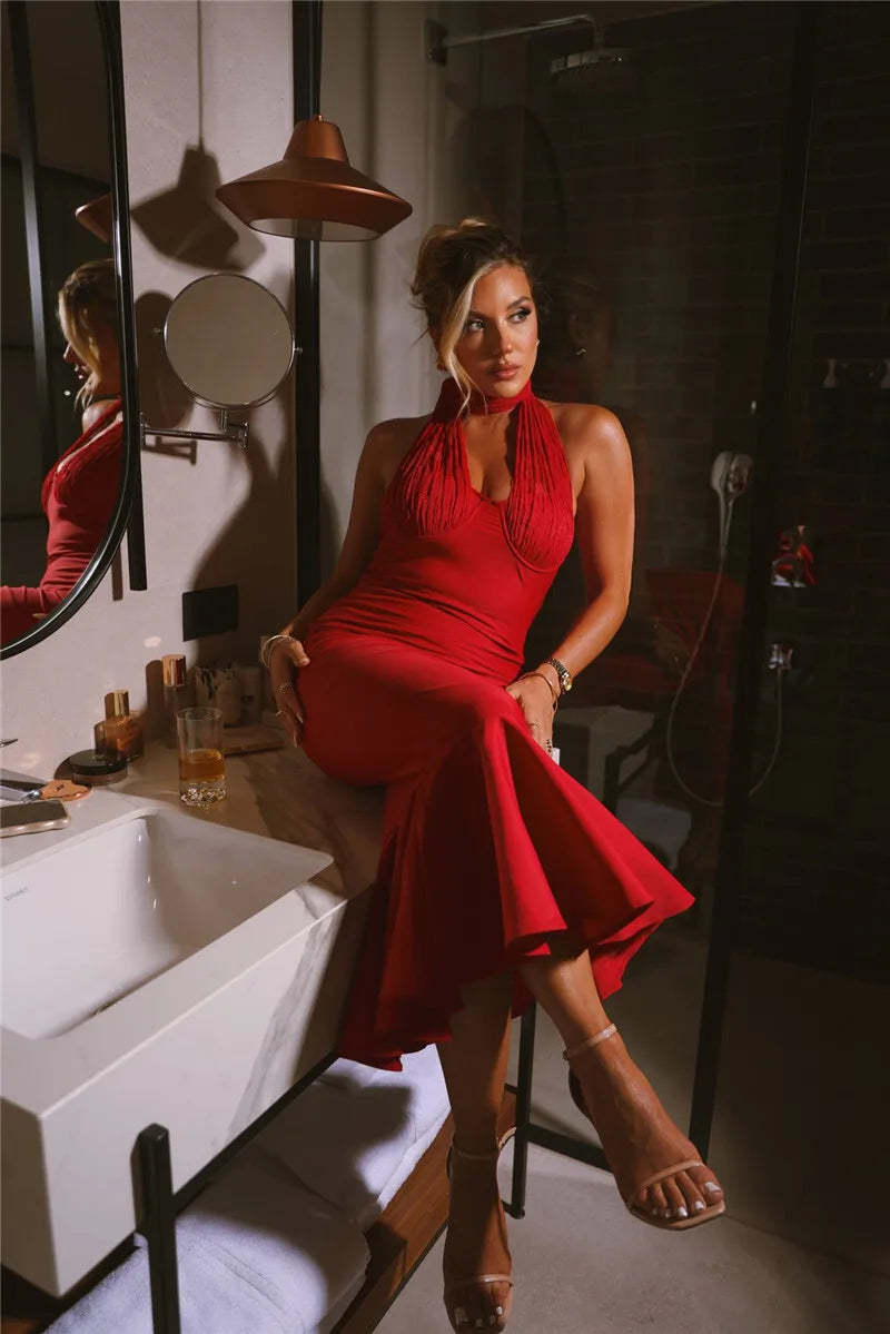 Sleeveless Fishtail Maxi Dress For Women Autumn New Halter Deep V Neck Backless Bodycon Party Sexy Long Dress Elegant