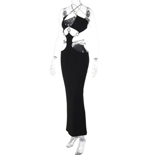 Load image into Gallery viewer, Strapless Metal Ring Cut Out Maxi Dress Women Black Halter Low Cut Backless Hollow Out Bodycon Sexy Party Long Dress
