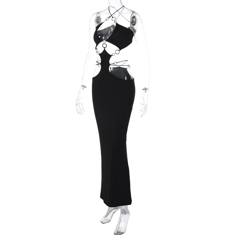 Strapless Metal Ring Cut Out Maxi Dress Women Black Halter Low Cut Backless Hollow Out Bodycon Sexy Party Long Dress