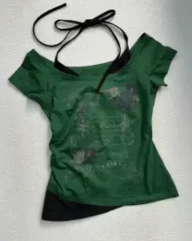 Load image into Gallery viewer, Summer Fake Two Pieces Halter Bandage Vintage T-shirts Y2k Aesthetic Slim Crop Tops Women Grunge Print Harajuku Casual Sexy Tee
