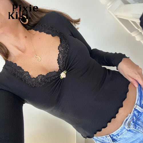 Load image into Gallery viewer, Lace Trim V Neck Long Sleeve Crop Tops Women 2024 Fall Winter Basic Casual Slim Fitted Black T Shirts P84-BA20
