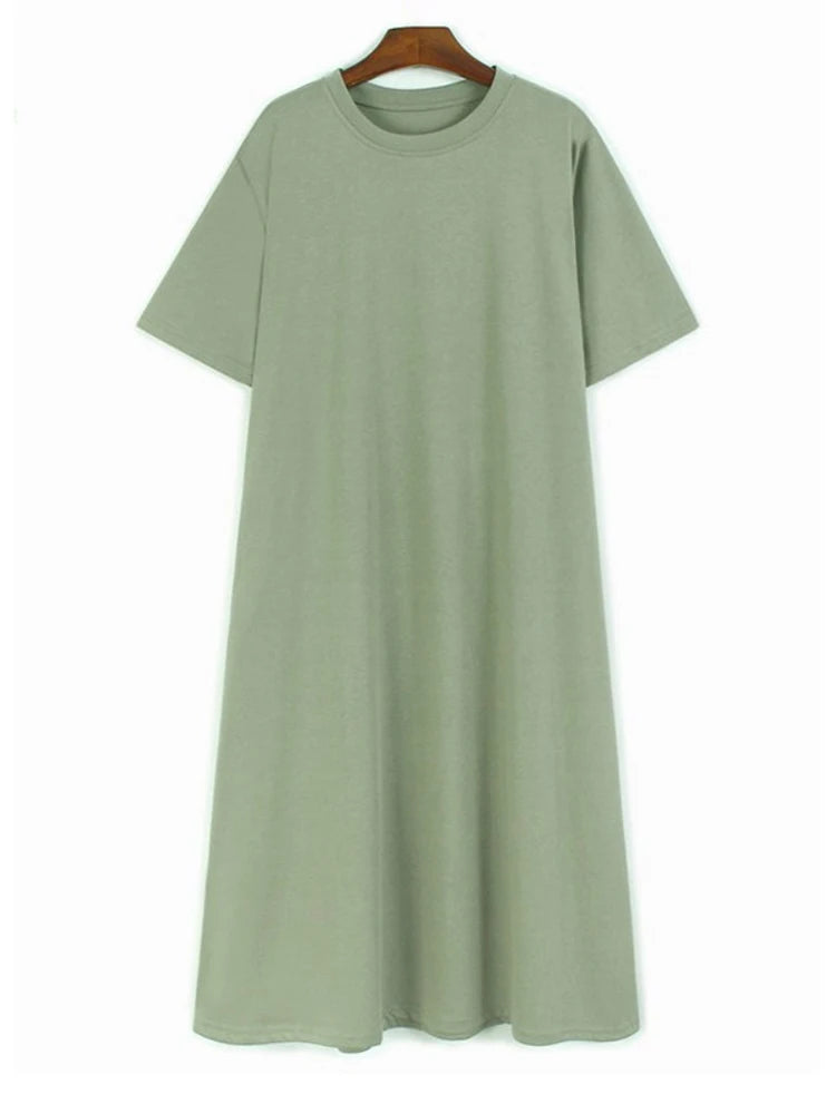 Women Blue Brief Pocket Casual Big Size Midi Dress New Round Neck Short Sleeve Fashion Tide Spring Summer 2025 1DJ1187