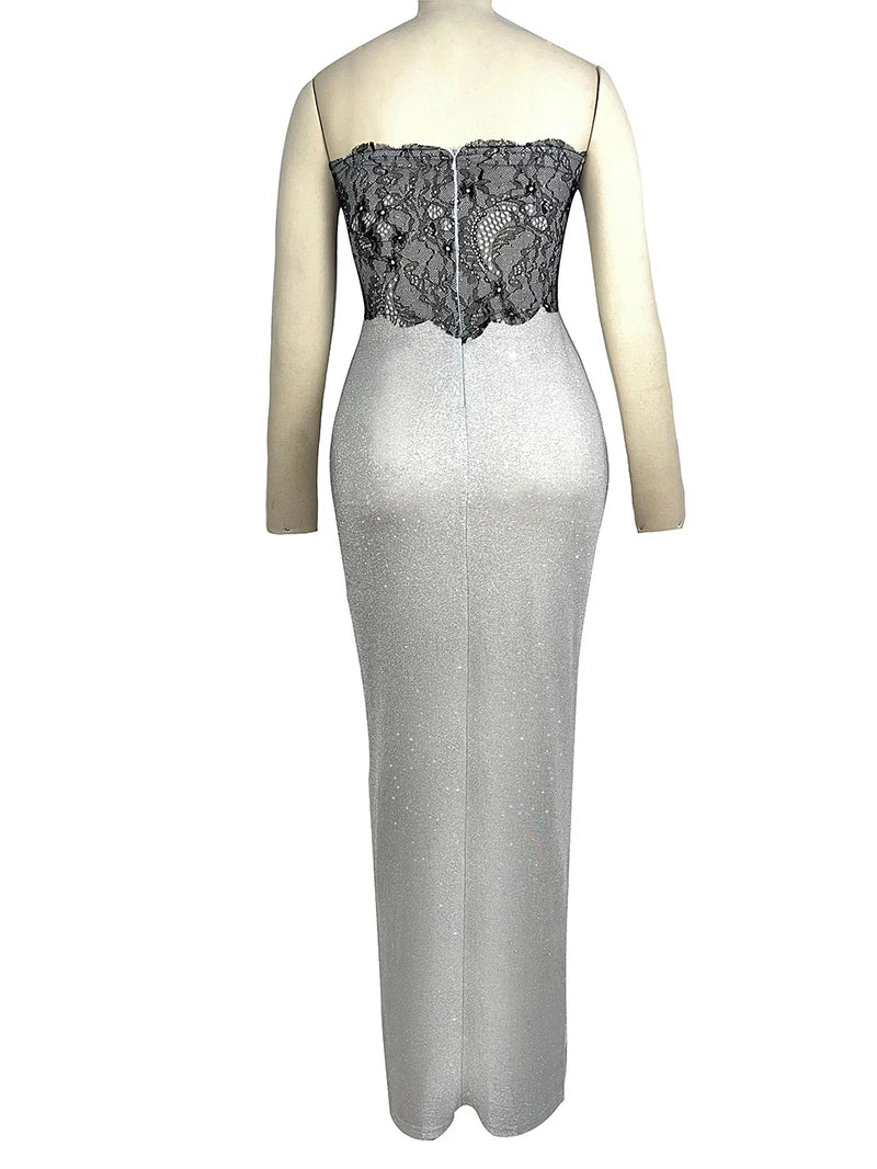 Sleeveless Sexy Sequins Strapless Thigh Slit Maxi Dress For Women High Waist Off-shoulder Sexy Club Party Evening Dress