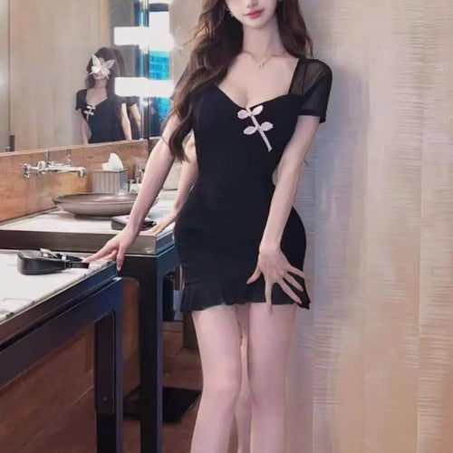 Load image into Gallery viewer, Vintage Summer Chinese Style Black Elegant Sexy Club Party Mini Dress Women Square Collar Short Sleeve Backless Slim Short Dress
