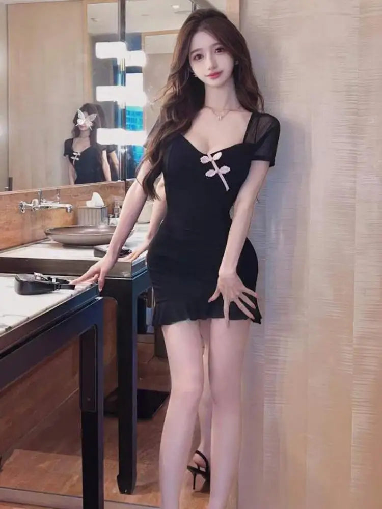 Vintage Summer Chinese Style Black Elegant Sexy Club Party Mini Dress Women Square Collar Short Sleeve Backless Slim Short Dress