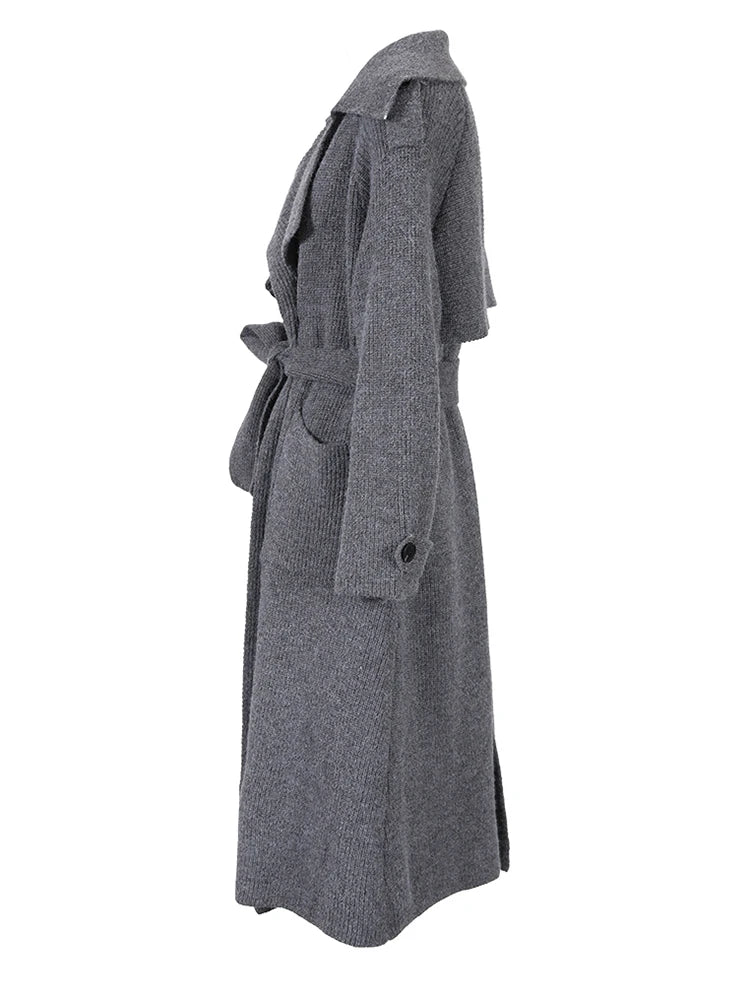 Gray Belted Pocket Big Size Knitting Cardigan Sweater V-Neck Long Sleeve Women New Fashion Spring Autumn 2025 17A2005H02