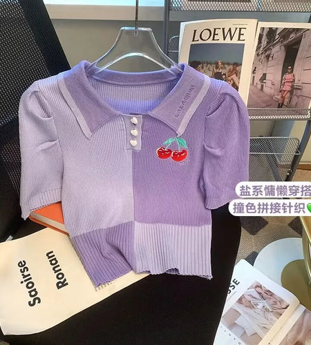 Vintage Women Purple Colorblock Short Sleeve Knit Polo T-shirt Summer Sweet Cherry Embroidery Slim Button Cropped Top 2024 Trend