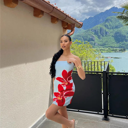 Load image into Gallery viewer, Strapless Backless Print Dress For Women Fashion Patchwork Off-shoulder Sleeveless Bodycon Club Party Print Mini Dress
