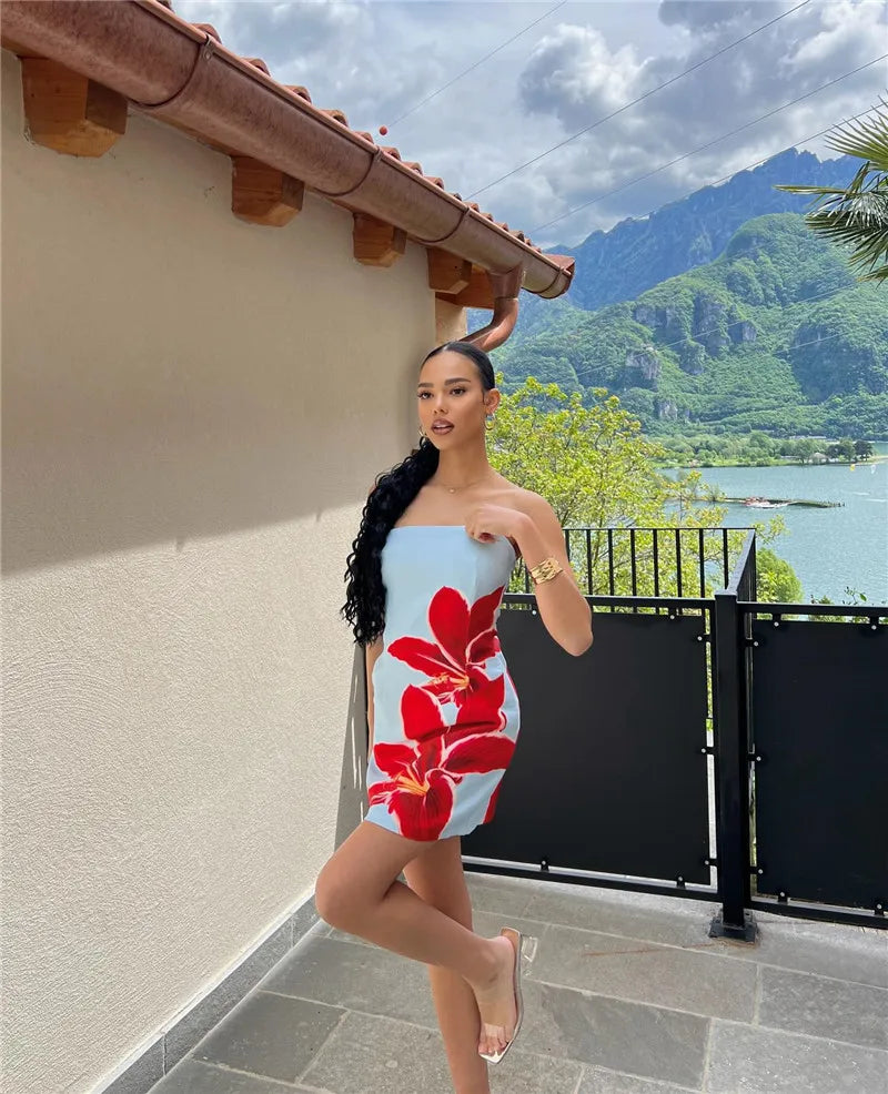 Strapless Backless Print Dress For Women Fashion Patchwork Off-shoulder Sleeveless Bodycon Club Party Print Mini Dress