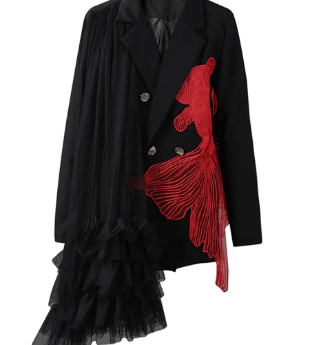 Women Black Mesh Irregular Fish Spliced Big Size Blazer New Lapel Long Sleeve Jacket Fashion Spring Autumn 2025 CPG2902