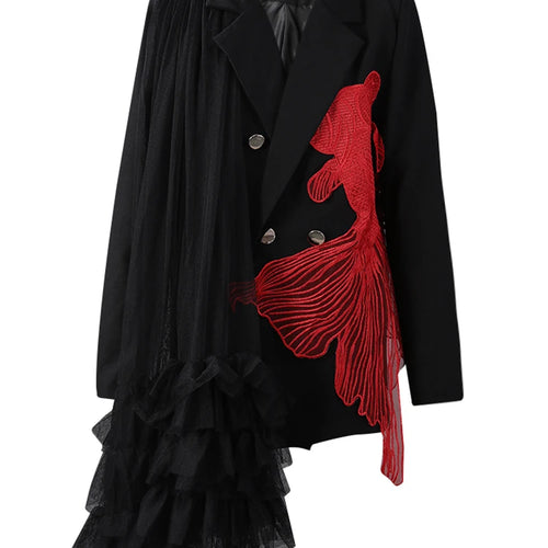 Load image into Gallery viewer, Women Black Mesh Irregular Fish Spliced Big Size Blazer New Lapel Long Sleeve Jacket Fashion Spring Autumn 2025 CPG2902
