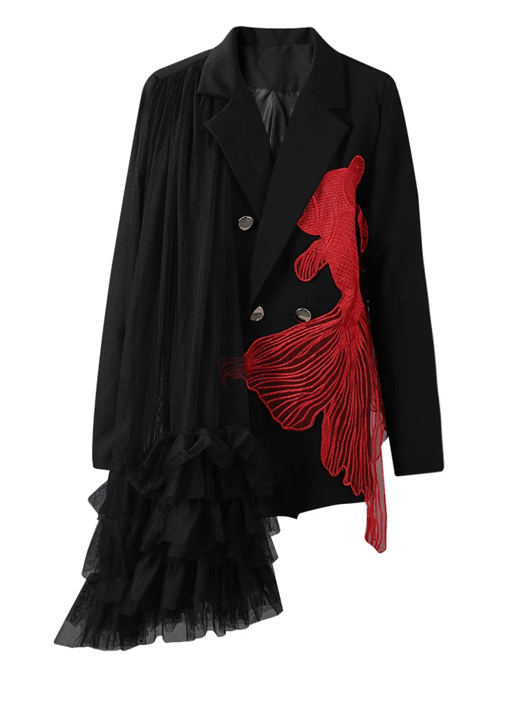 Women Black Mesh Irregular Fish Spliced Big Size Blazer New Lapel Long Sleeve Jacket Fashion Spring Autumn 2025 CPG2902