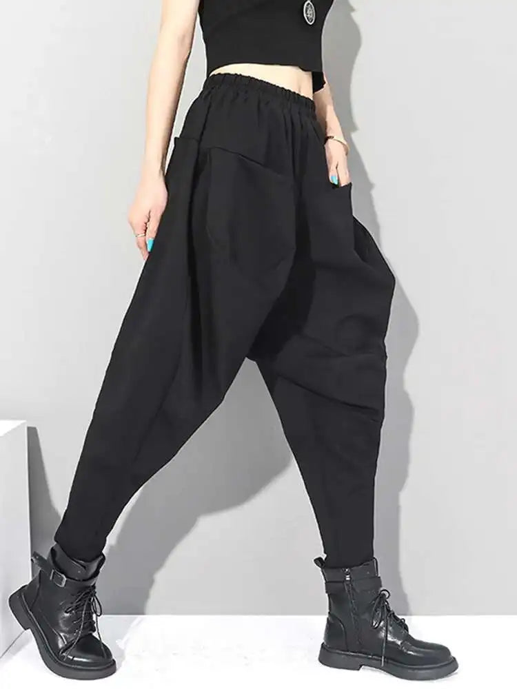 High Elastic Waist Black Wrinkled Long Harem Trousers New Loose Fit Pants Women Fashion Tide Spring Autumn 2025 1DC427