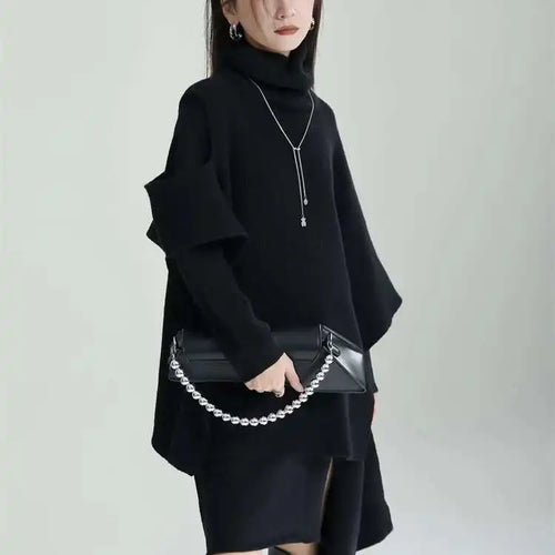 Load image into Gallery viewer, Women Gray Irregular Design Knitting Dress New Turtleneck Long Sleeve Loose Fit Fashion Tide Spring Autumn 2025 1DF2618
