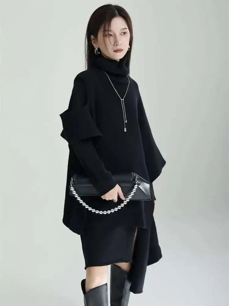 Women Gray Irregular Design Knitting Dress New Turtleneck Long Sleeve Loose Fit Fashion Tide Spring Autumn 2025 1DF2618