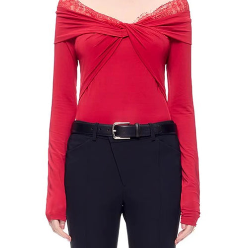 Load image into Gallery viewer, Solid Spliced Lace Up Slimming T Shirts For Women Slash Neck Long Sleeve Minimalist T Shirt Female Fashion Style
